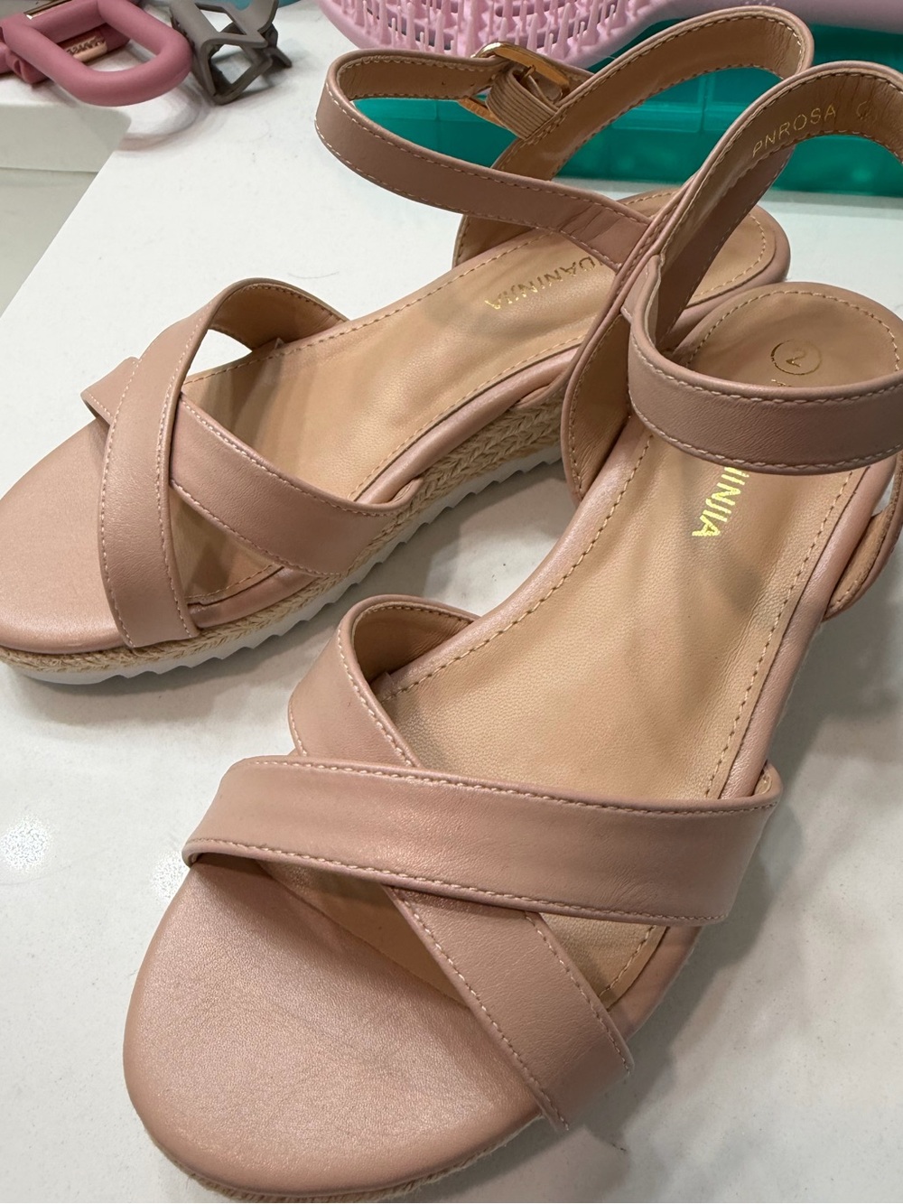 Girls' blush pink cream Cross-Strap Wedge Sandals with Ankle Strap